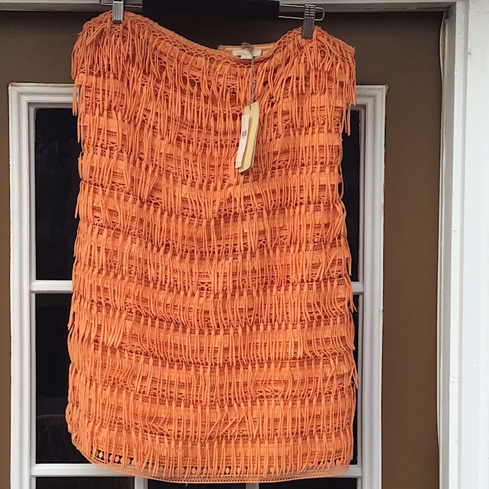 Anthropologie Let Me Be Fringed Tube Mini Dress Orange Strapless Fringe Dress